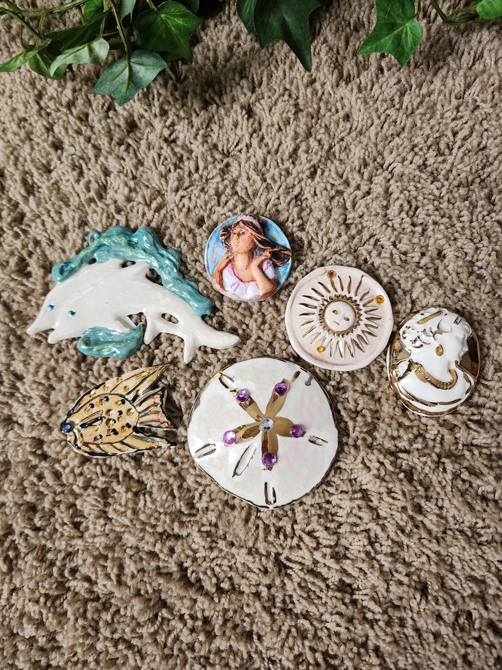 Assorted Ceramic Ocean-Themed Handmade Brooches in White, Cream & Turquoise